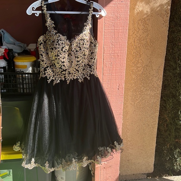 slim fit dress slacks V Neck Long Sleeves Short Black Lace Top Champagne Prom Dress, Long Sl –  abcprom main image 1